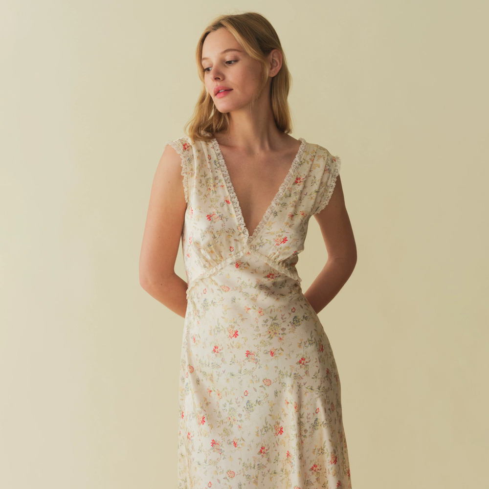ZARA French Tie Up Ruffled Lace Trim Printed Collar Long Dress